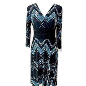 Evan Picone Black Blue Chevron Long Sleeve Surplice V-Neck Midi Dress 10